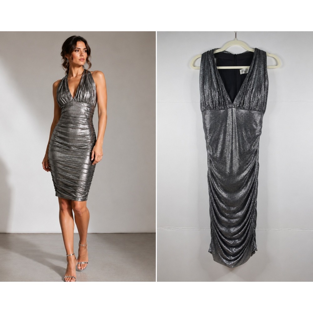 Eliza‎ J Metallic Ruched Cocktail Dress 12 Silver Halter Neckline NWT
